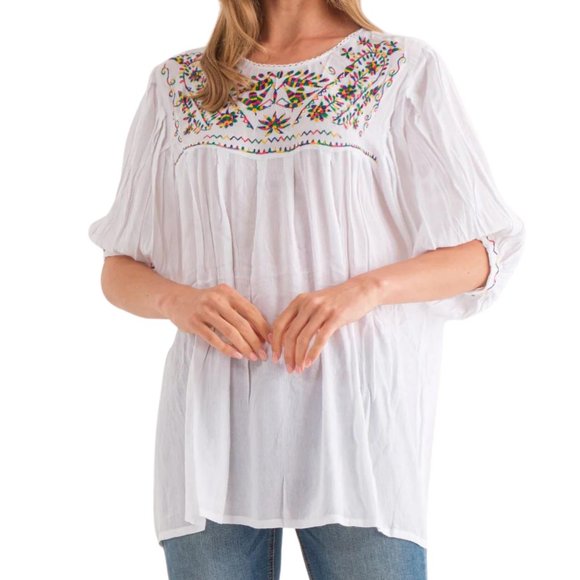 Women's White Embroidered Blouse Sizes S-XL Linen Blend Wear With Jeans Long - Picture 1 of 3